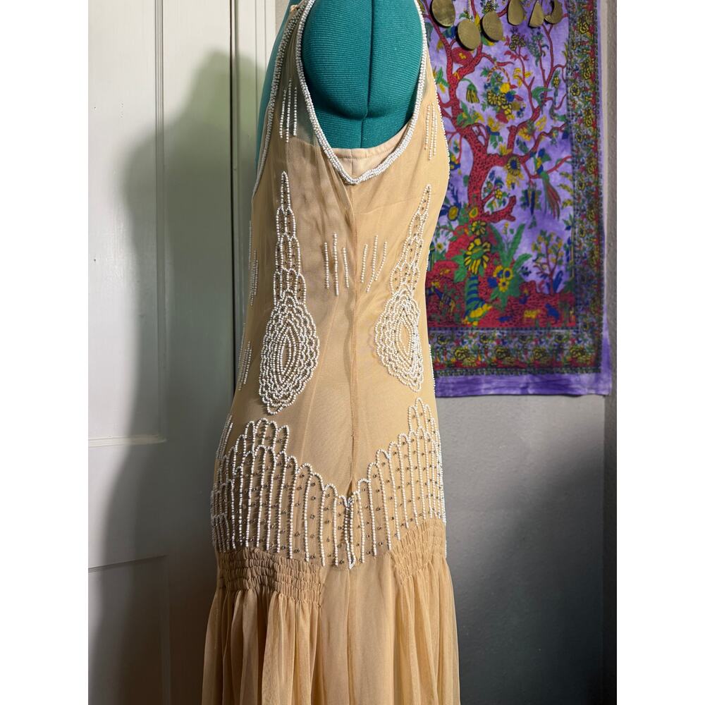Together Beaded Midi Dress Nude Art Deco Gatsby 1920s Style Mesh Formal - Size 8 - Picture 7 of 11